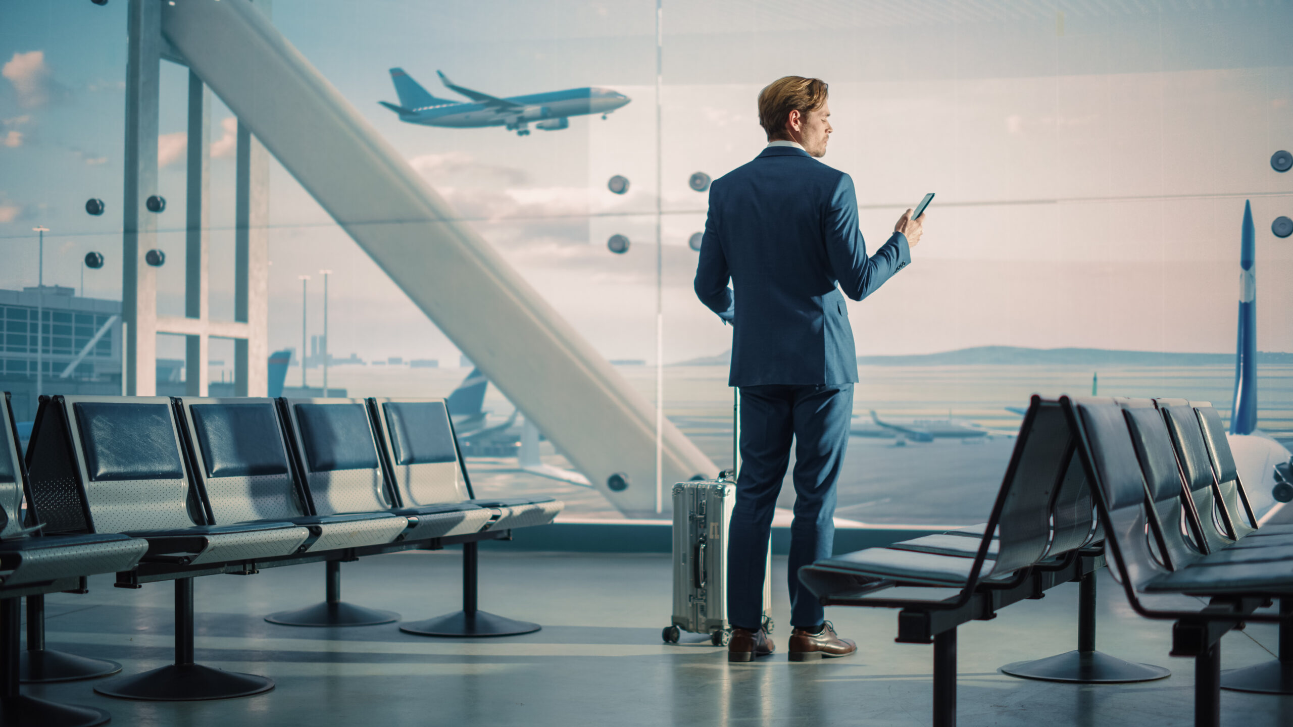 Airport Terminal: Businessman with Rolling Suitcase Walks, Uses Smartphone App for e-Business. Back View Silhouette of Traveling Man Waits for Flight in Boarding Lounge of Airline Hub with Airplanes